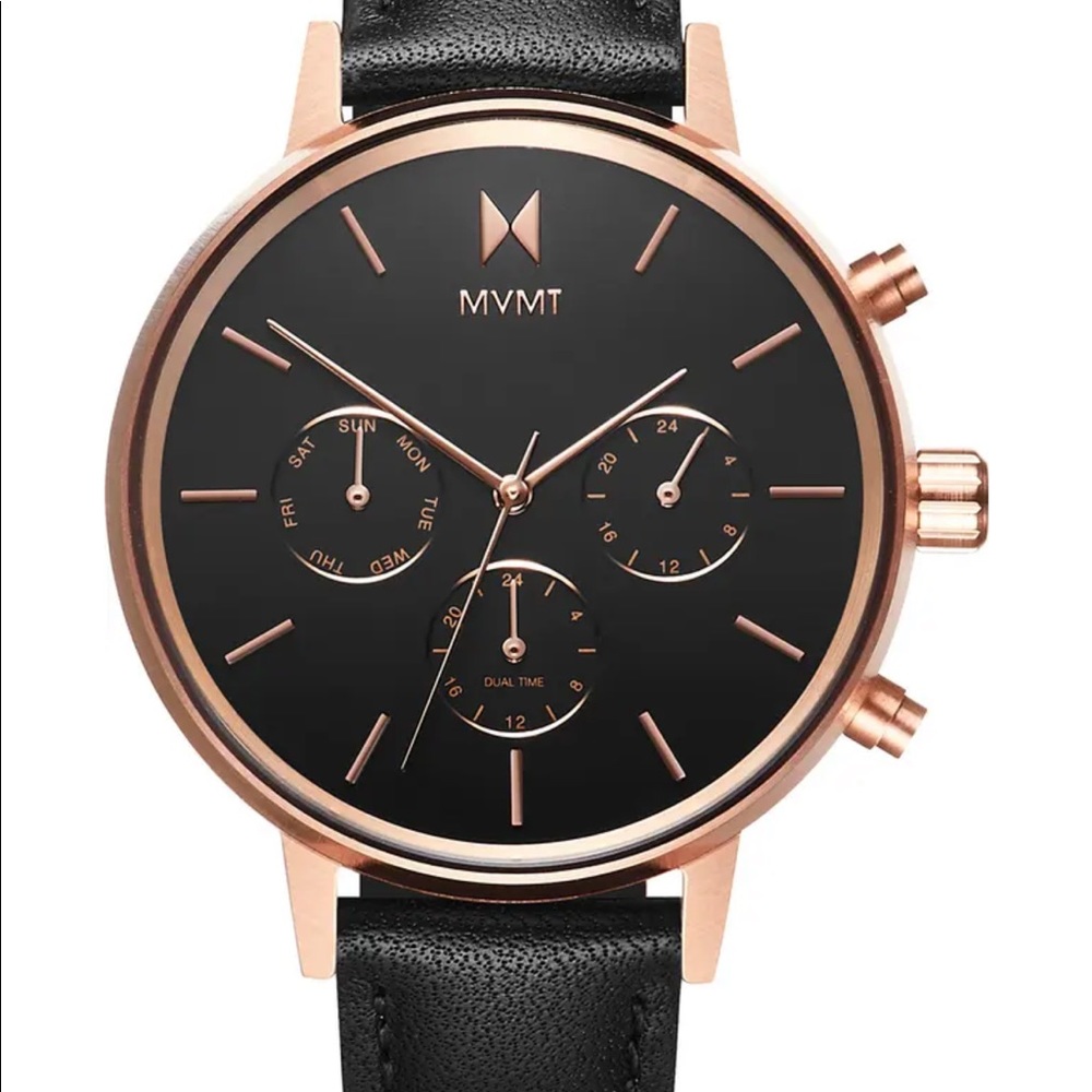 MVMT black and gold watch on leather strap